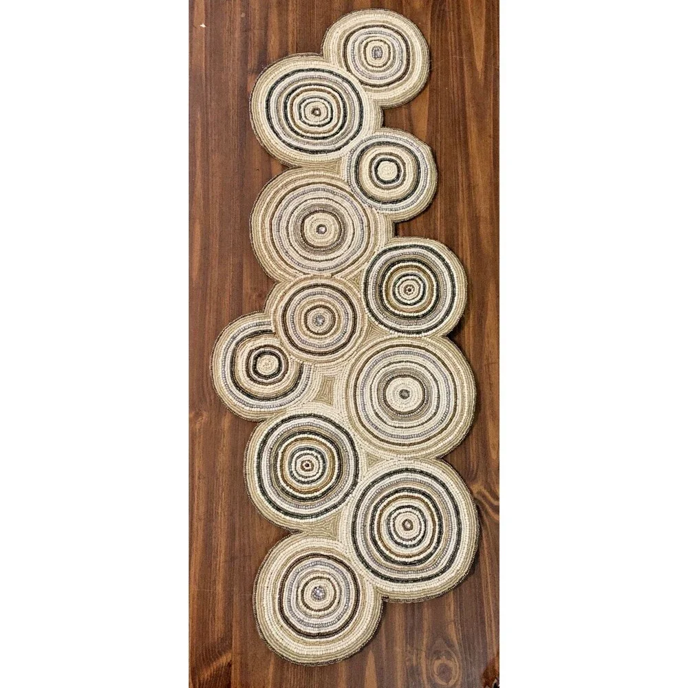 Pier 1 One Beaded Table Runner Round Concentric Medallion Boho Circles Tan Gray